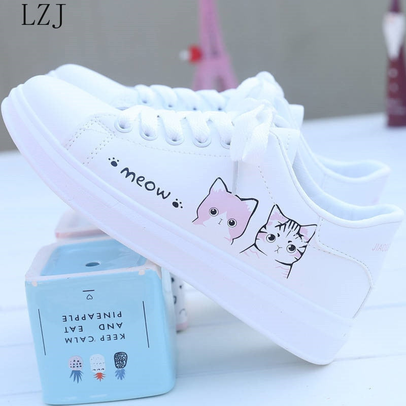 Women Sneakers Fashion Breathble Vulcanized Shoes Pu Cute Cat Cartoon