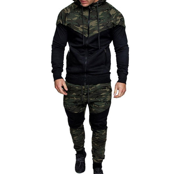 Mens Camo Jacket+Pants Causal Camouflage Print Sports sets 2Pc Tracksuit