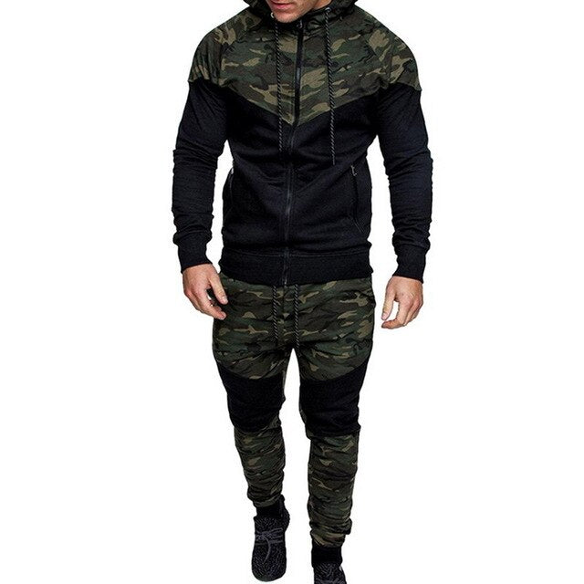 Mens Camo Jacket+Pants Causal Camouflage Print Sports sets 2Pc Tracksuit
