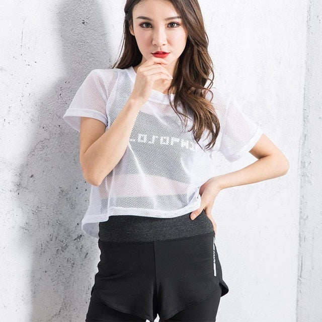 Women Short Sleeve Mesh Hollow Out Yoga T-shirt Quick Drying Jogging Sports