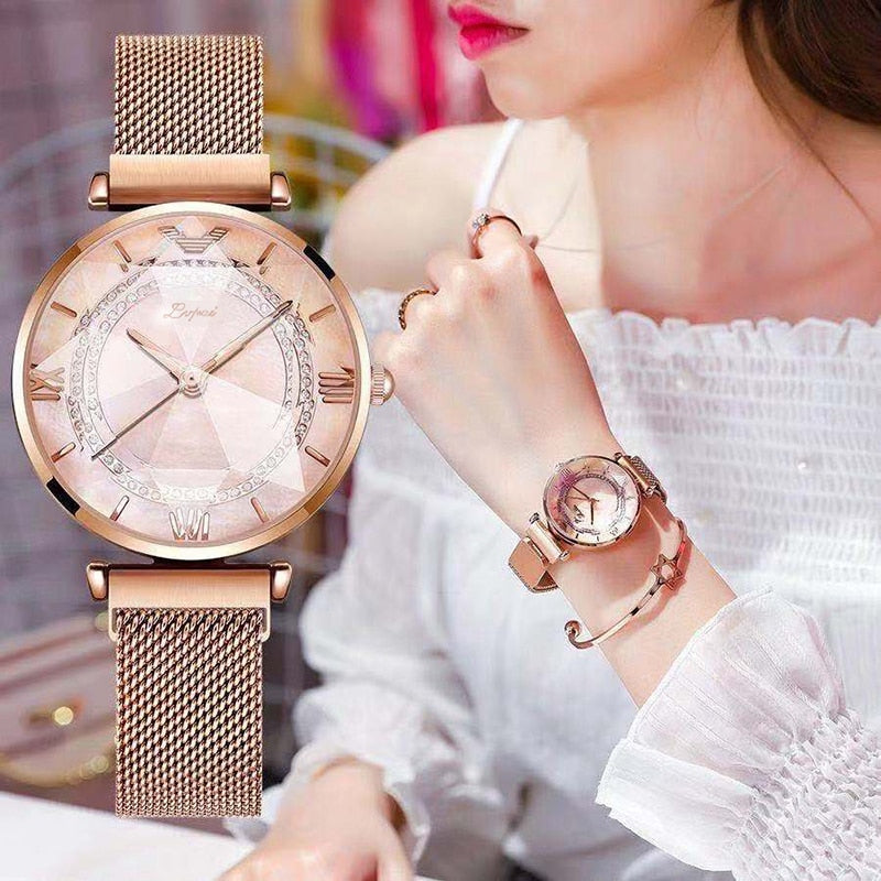 Luxury Gem Cut Flower Mirror Women Watches Magnet Mesh Band
