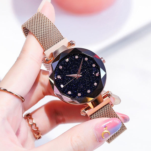 Top Brand Star Watch For Women Rose Gold Mesh Magnet Starry Sky Quartz