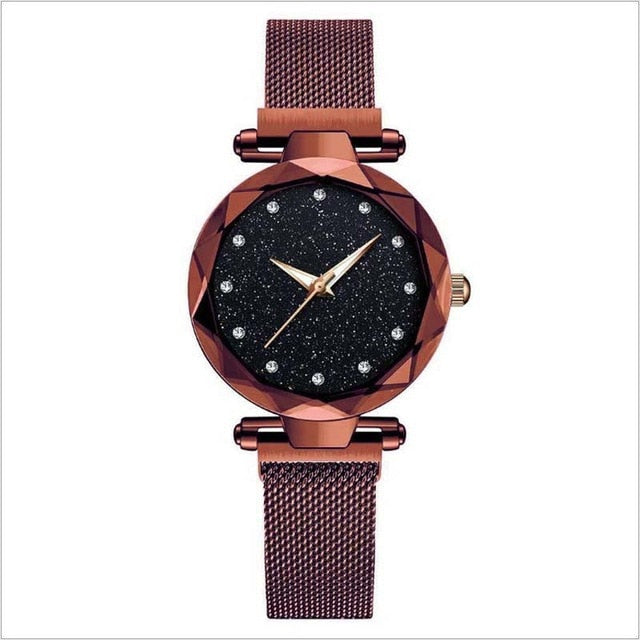 Top Brand Star Watch For Women Rose Gold Mesh Magnet Starry Sky Quartz