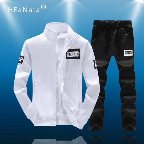 Sports Men Sets Thicken Fleece Jacket Pants 2PCS Suit Mens Spring