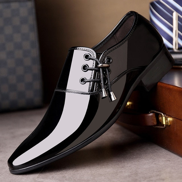 luxury Brand Men Classic Pointed Toe Dress Shoes Mens Slip-on Patent Leather Black