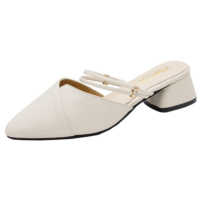 Party Women Mules Slipper Pointed Toe Block Strap Closed Shallow High Heels Shoes