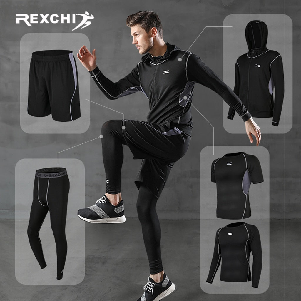 REXCHI 5 Pcs/Set Men's Tracksuit Gym Fitness