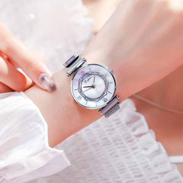 Luxury Gem Cut Flower Mirror Women Watches Magnet Mesh Band