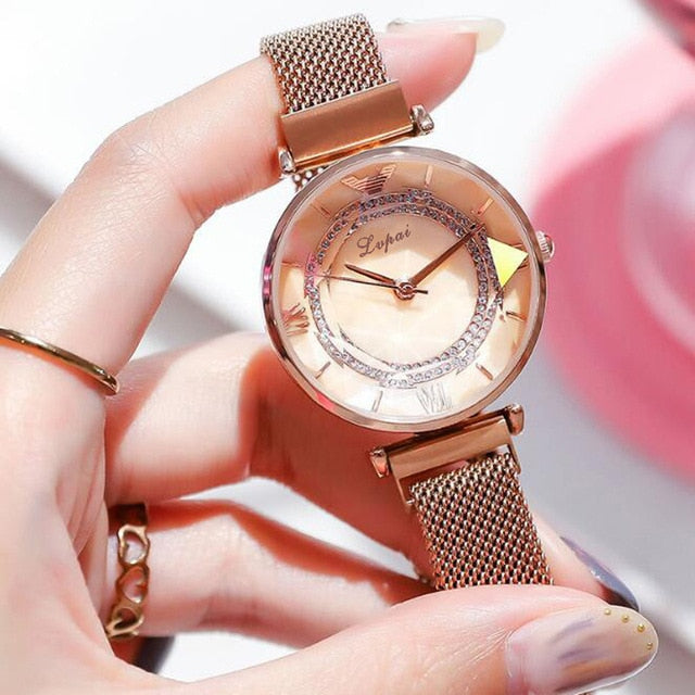 Luxury Gem Cut Flower Mirror Women Watches Magnet Mesh Band