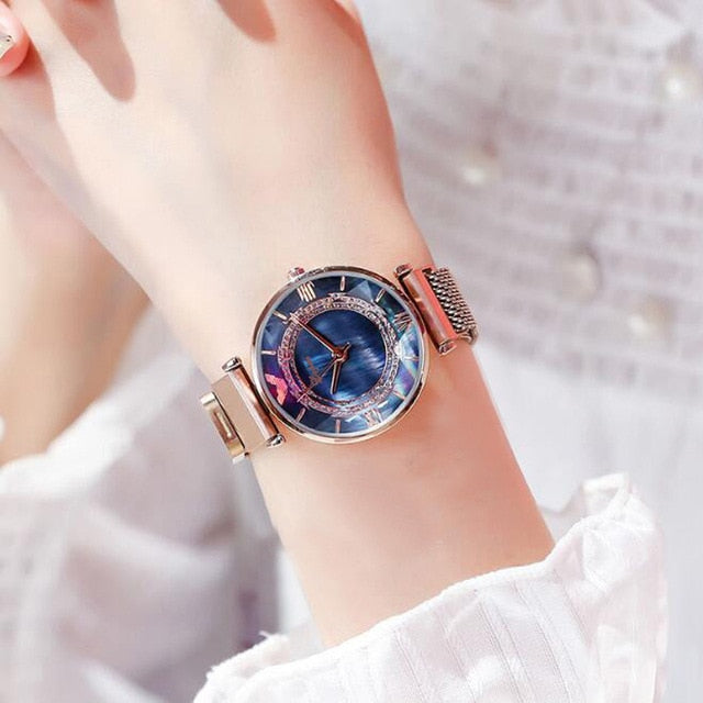 Luxury Gem Cut Flower Mirror Women Watches Magnet Mesh Band