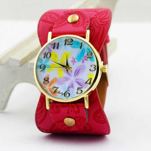 shsby Printed leather Bracelet Wristwatch Wide band women dress Watch
