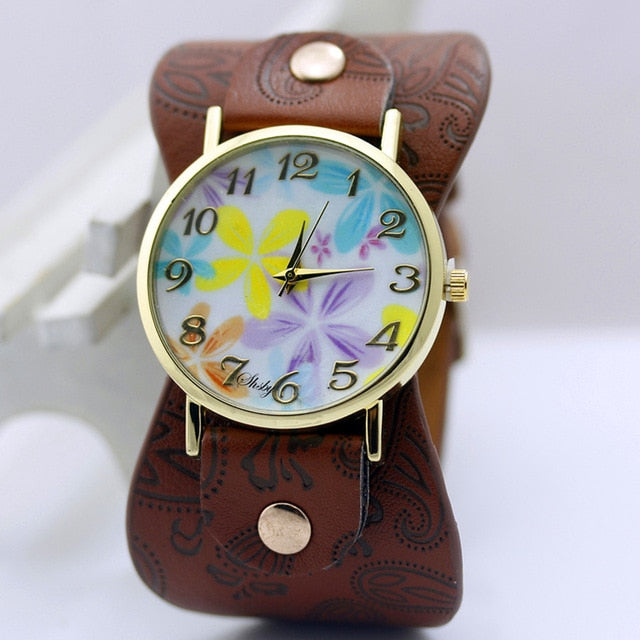 shsby Printed leather Bracelet Wristwatch Wide band women dress Watch
