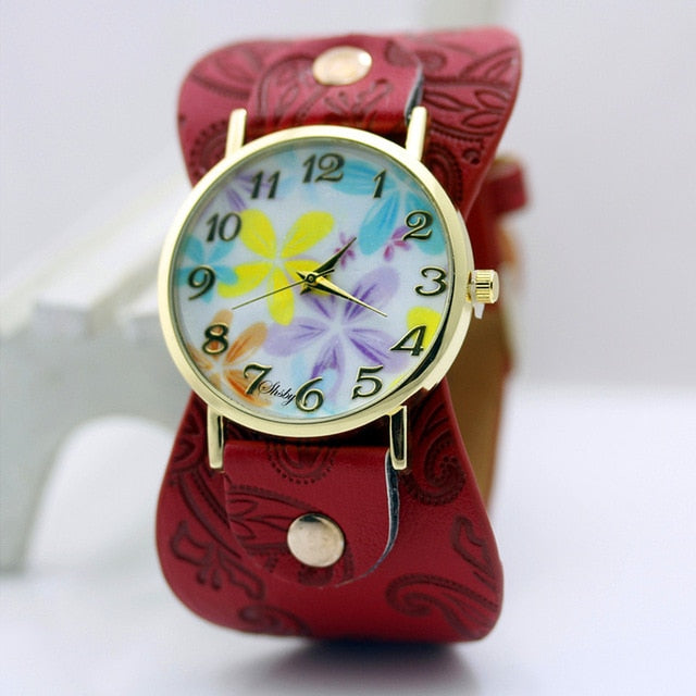 shsby Printed leather Bracelet Wristwatch Wide band women dress Watch