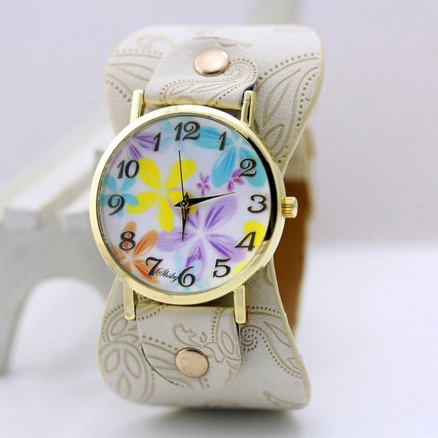 shsby Printed leather Bracelet Wristwatch Wide band women dress Watch