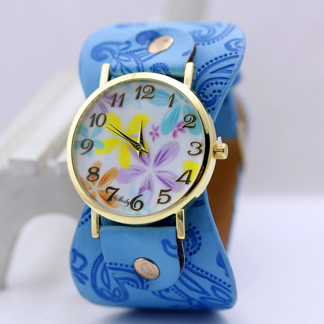 shsby Printed leather Bracelet Wristwatch Wide band women dress Watch