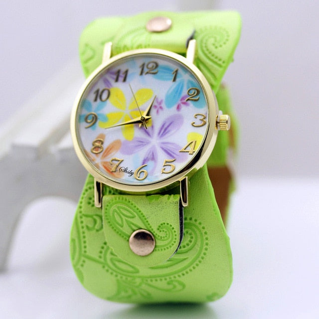 shsby Printed leather Bracelet Wristwatch Wide band women dress Watch