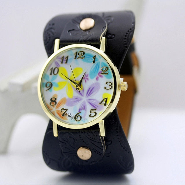 shsby Printed leather Bracelet Wristwatch Wide band women dress Watch