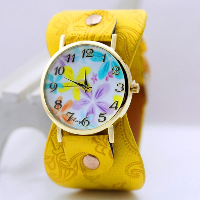 shsby Printed leather Bracelet Wristwatch Wide band women dress Watch