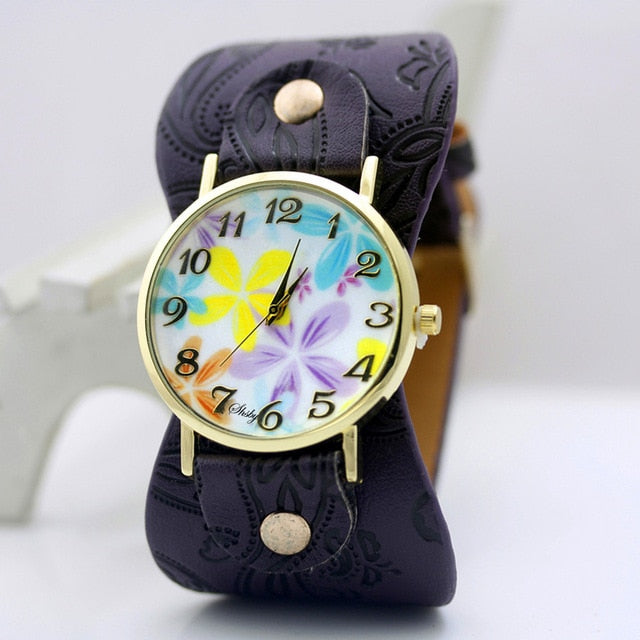 shsby Printed leather Bracelet Wristwatch Wide band women dress Watch