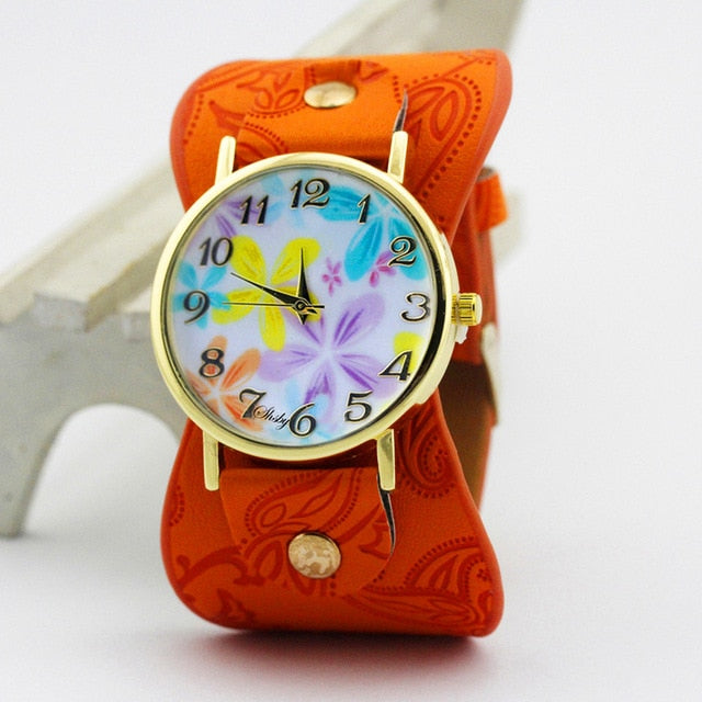 shsby Printed leather Bracelet Wristwatch Wide band women dress Watch