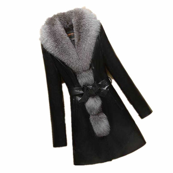 Women's winter PU coat Imitation fox fur collar V-neck Collect waist Slim