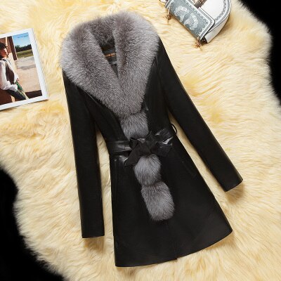 Women's winter PU coat Imitation fox fur collar V-neck Collect waist Slim