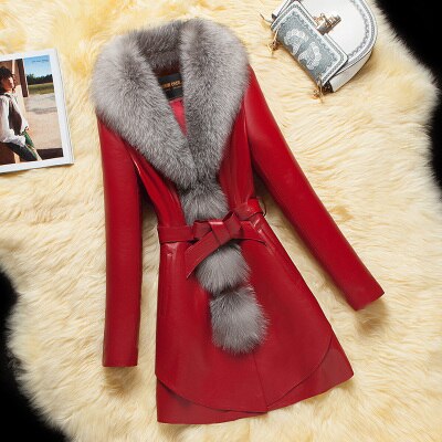 Women's winter PU coat Imitation fox fur collar V-neck Collect waist Slim