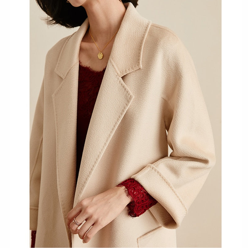 Water ripple mid-length cashmere coat women 2019 winter