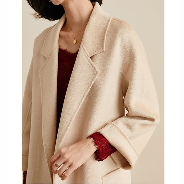 Water ripple mid-length cashmere coat women 2019 winter