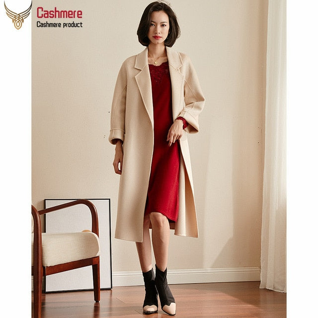 Water ripple mid-length cashmere coat women 2019 winter