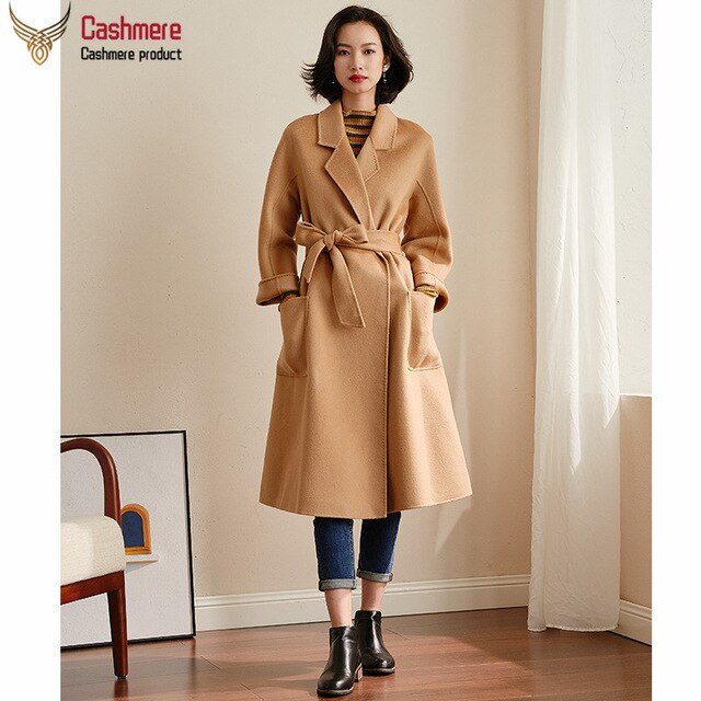 Water ripple mid-length cashmere coat women 2019 winter