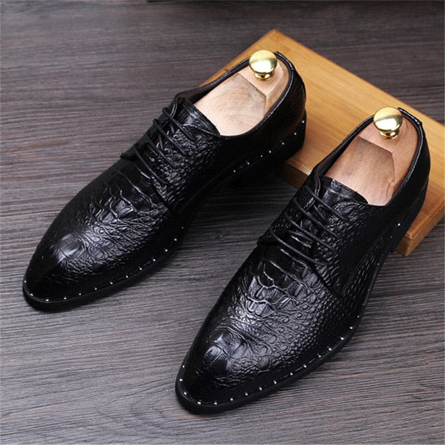Men's Crocodile Dress Leather Shoes Lace-Up Wedding Party Shoes