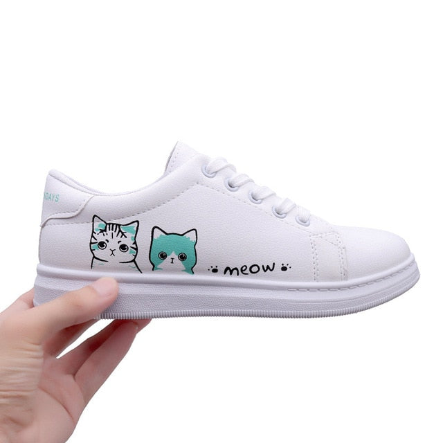 Women Sneakers Fashion Breathble Vulcanized Shoes Pu Cute Cat Cartoon