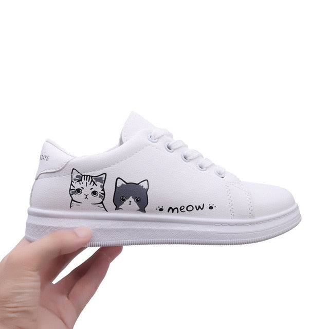 Women Sneakers Fashion Breathble Vulcanized Shoes Pu Cute Cat Cartoon