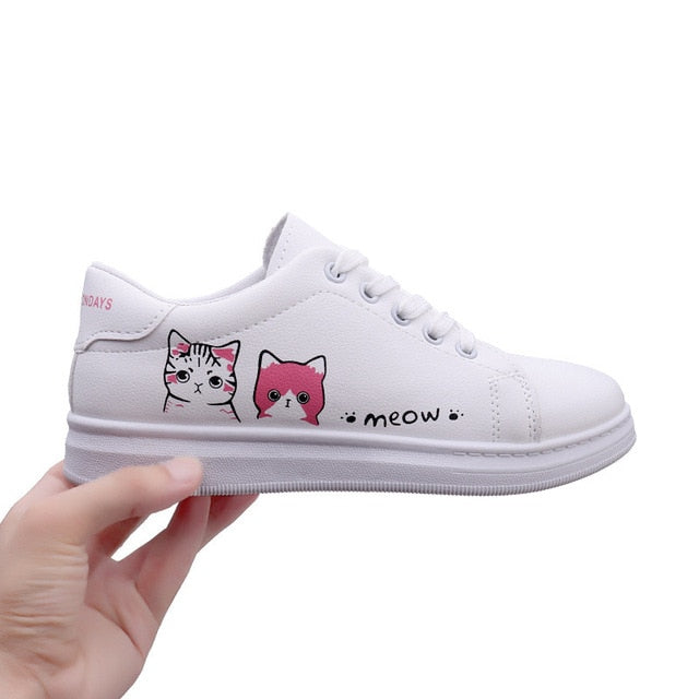 Women Sneakers Fashion Breathble Vulcanized Shoes Pu Cute Cat Cartoon